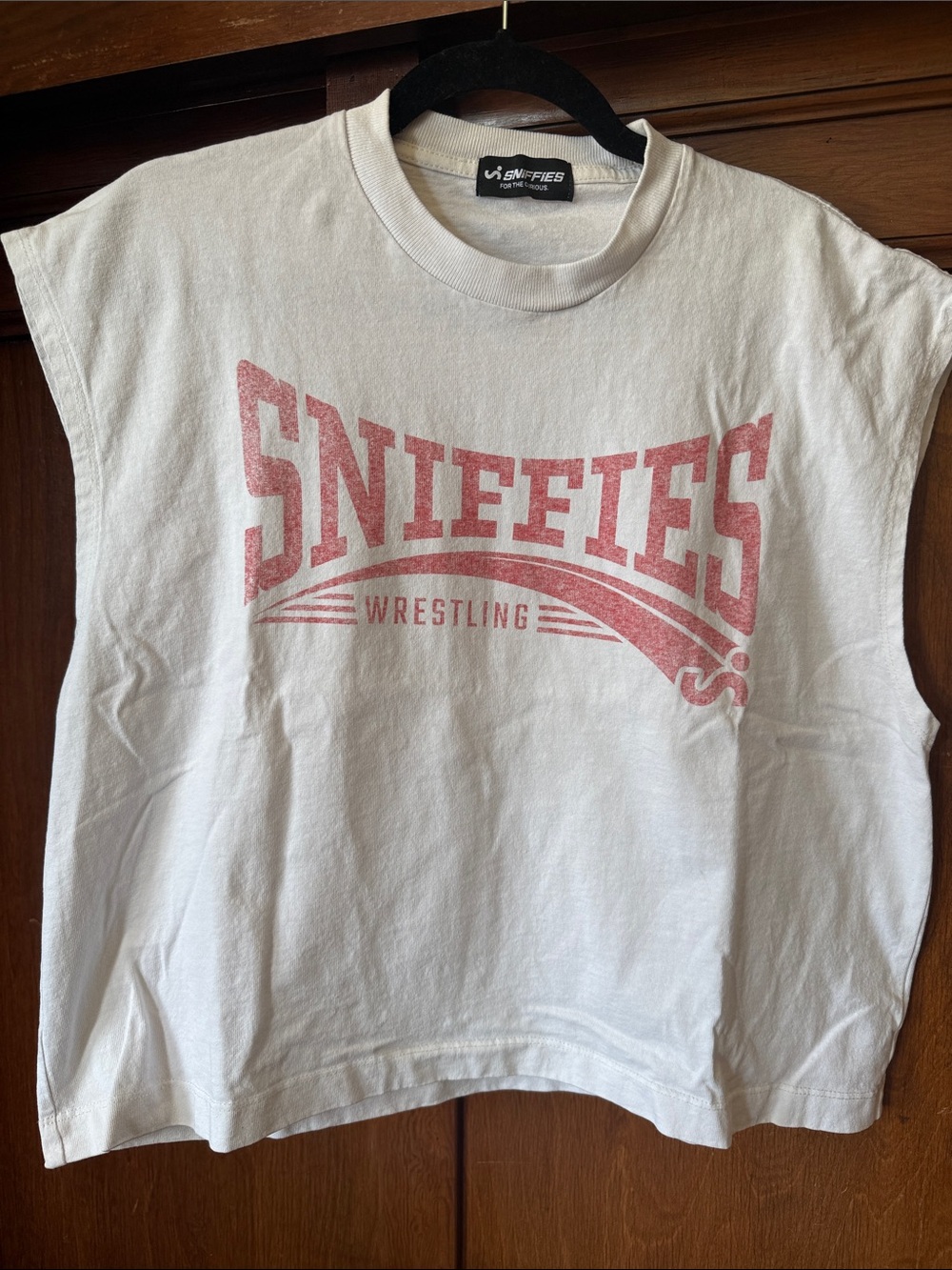Sniffies Hush White Short Sleeve Boxy Graphic Tee Tank- Red Logo